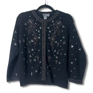 Lisa Nichols Women’s Vintage Beaded Sequin Silk Cashmere‎ Cardigan Black – Sz. M